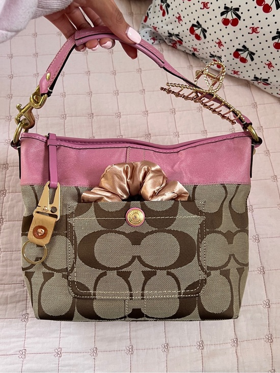 Coach Handbags - Coach Hobo Bag Medium Pink Khaki Signature Monogram Satin Leather 11957